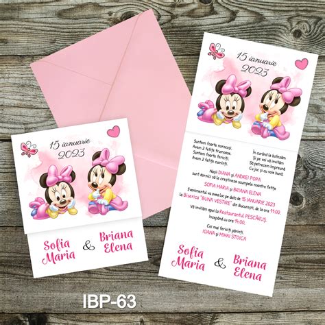 Invitatii Botez Gemeni Fetite Cu Plic Colorat Minnie Mouse Ibp