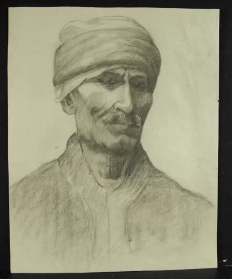 Dessin Original Portrait étude Homme Portant Turban Turc Berbère