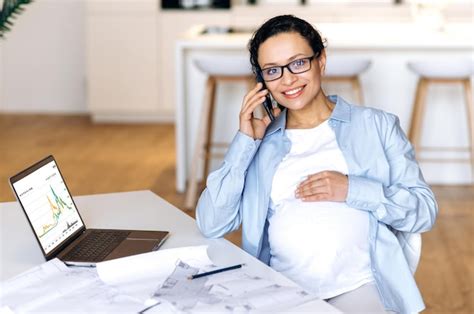 Premium Photo Pregnant Brunette Glasses Mixed Race Business Woman Laptop Phone Smiling