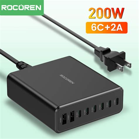 Rocoren 200W USB C Desktop Charger 8 Ports GaN PD Fast Charger USB