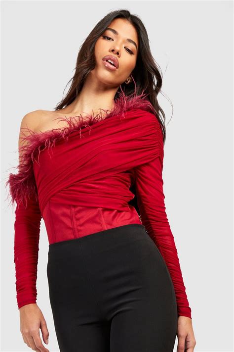 Tall Off The Shoulder Feather Trim Bodysuit Boohoo Uk