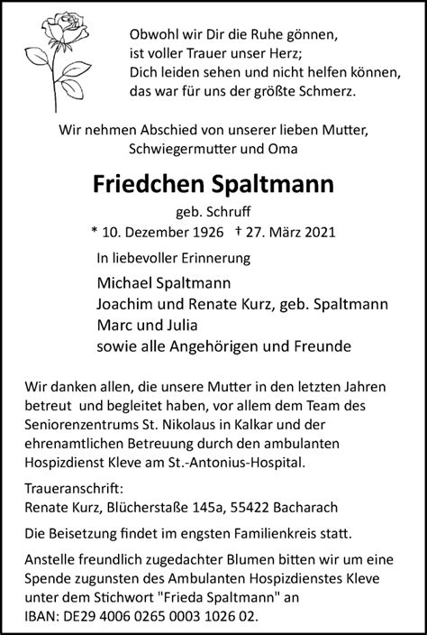 Traueranzeigen Von Friedchen Spaltmann Trauer In Nrw De