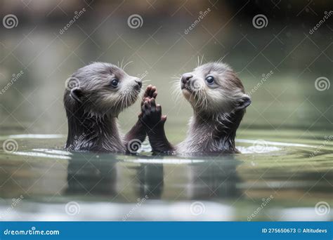 Pair Of Baby Otters Holding Hands While Floating On Tranquil Pond Stock