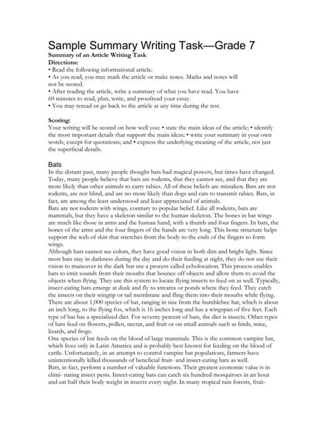 Sample Summary Writing TaskGrade 7 Summary Of An Article