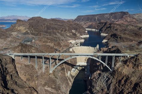 Aerial view of Hoover Dam and the Colorado River Bridge — Stock Photo ...