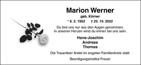 Traueranzeigen Von Marion Werner Noz Trauerportal