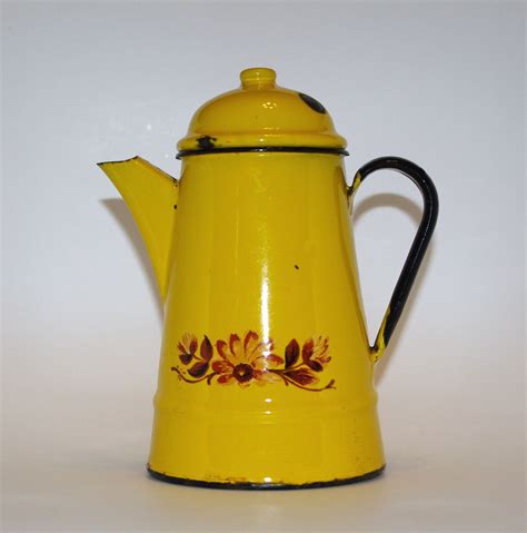 Enamel Yellow And Black Kettle Enamelware Coffee Pot Teapot Etsy