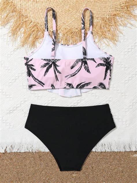 Chica Preadolescente Ba Ador Bikini Con Estampado De Rbol De Coco