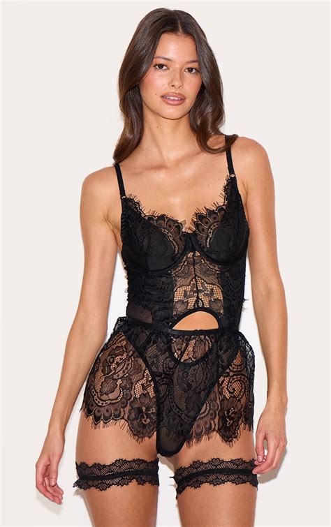 Ensemble De Lingerie Jarreti Re Body Jupe Noirs En Dentelle Lingerie Pyjamas Plt Fr