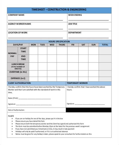 Construction Timesheet Template Excel Different Types Of Timesheets