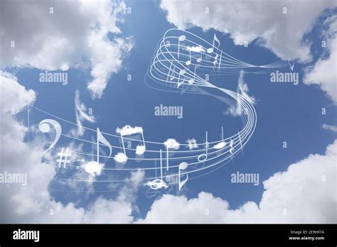 View Of Beautiful Sky With Clouds And Flying Music Notes Stock Photo