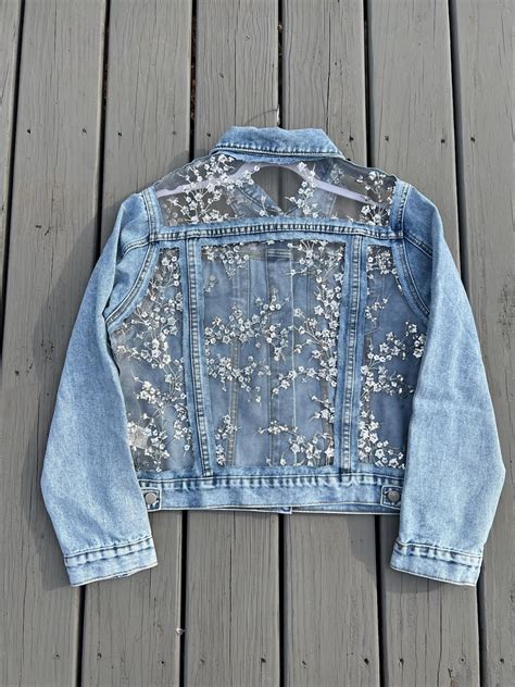Floral Sequin Denim Jacket Light Wash Boho Bridal Coverup Etsy