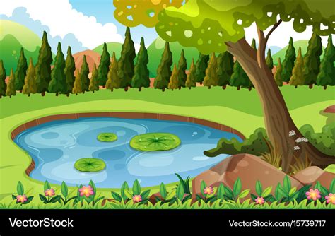 Scene With Pond In The Field Royalty Free Vector Image