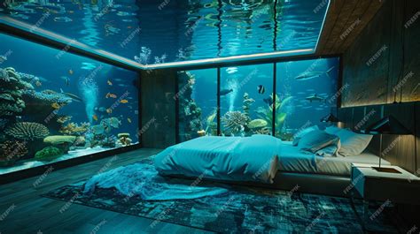 Premium Photo | Underwater hotel luxury room aquatic bedroom in aquarium