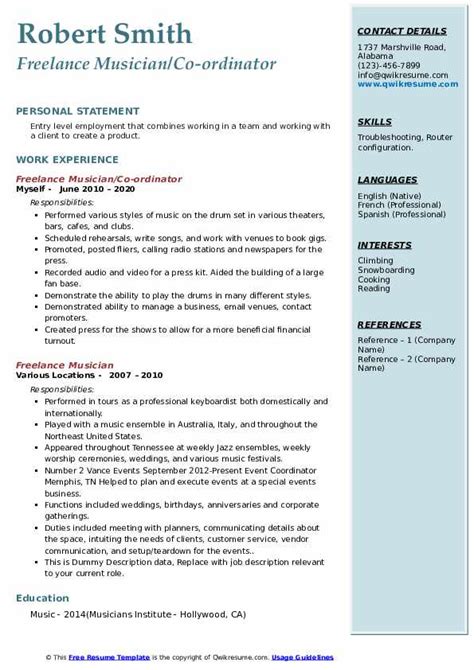 Freelance Musician Resume Samples Qwikresume