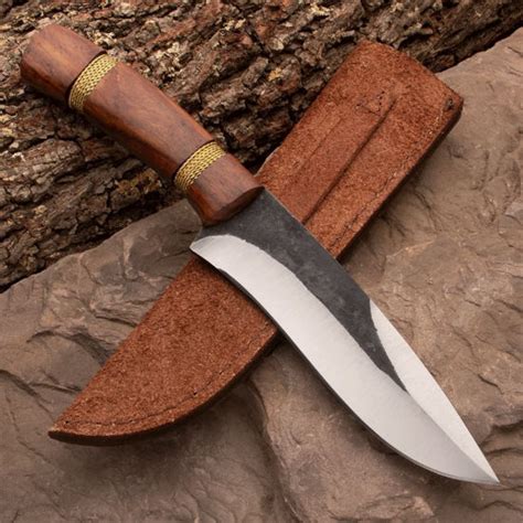 Brass And Wood Bushcraft Knife With Roughout Leather Sheath Atlanta Cutlery