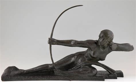 French Art Deco Bronze Sculpture Nude Female Archer By Bouraine