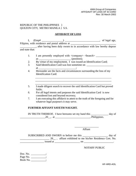 Sample Format Of Affidavit Of Loss Affidavitform Net