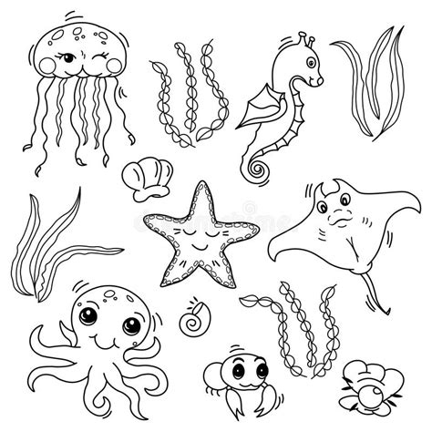 Vector Black And White Illustration Set Of Sea Creatures Coloring Images