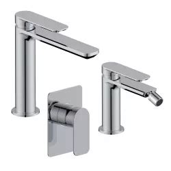 Set Miscelatore Lavabo Bocca Lunga E Bidet Con Incasso Doccia Cromo