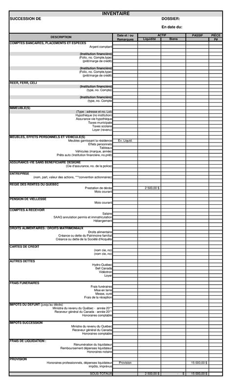 Tableau Inventaire successoral Date et ou PASSIF PIÈCE Remarques