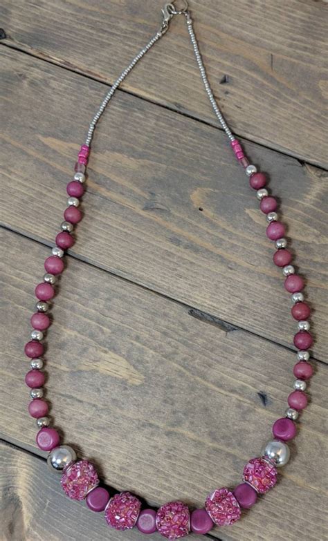 Pink Beaded Beads Silver Necklace Statement Necklace Matinee - Etsy