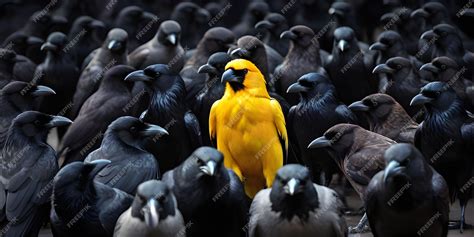 Premium Photo A Yellow Crow Alone Among A Crowd Of Black Crows