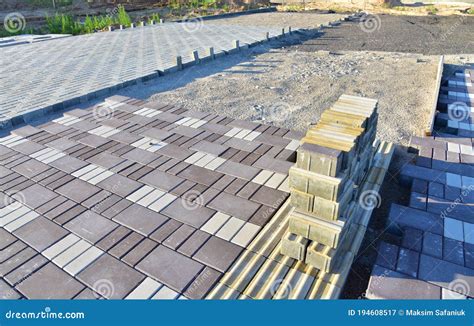 Process Of Installing Paving Bricks In The Town Pedestrian Zone Laying