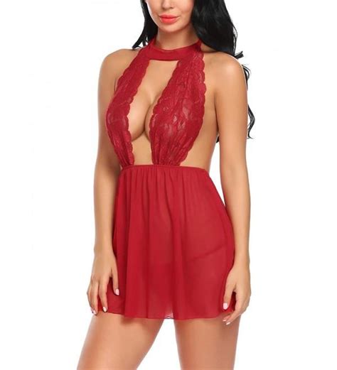 Women Sexy Halter Lingerie Lace Babydoll Sleepwear Mesh Chemise Red Cu Hx Og