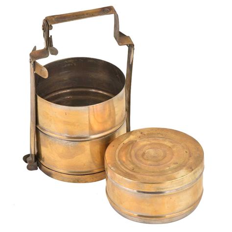 Brass Tiffin Box Three Broad Containers Brass Strap Frame