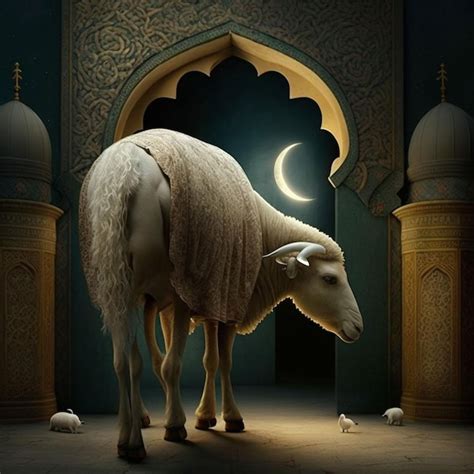 Premium Photo A Sheep Stands In Front Of A Mosque With A Moon In The