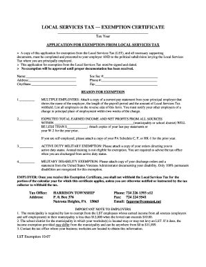 Fillable Online Lst Exemption Certificate Harrison Township Fax Email