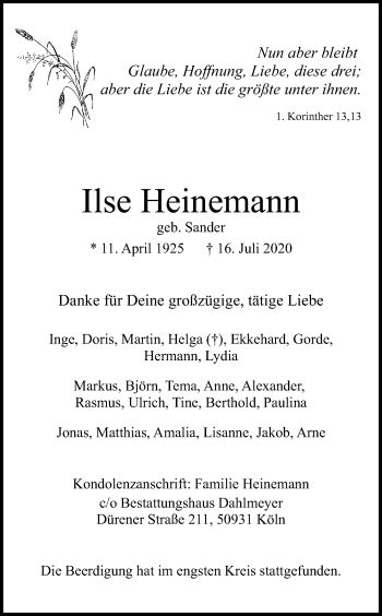 Traueranzeigen Von Ilse Heinemann WirTrauern