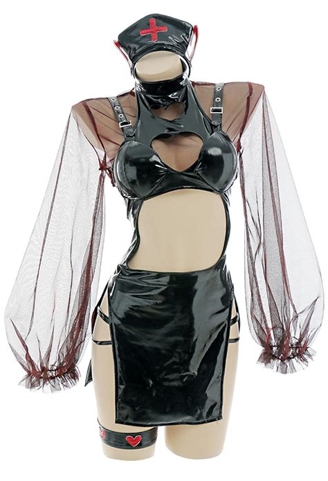 High Split Nurse Uniform Gothic Lingerie Black Mesh Long Sleeve Lingerie In Stock