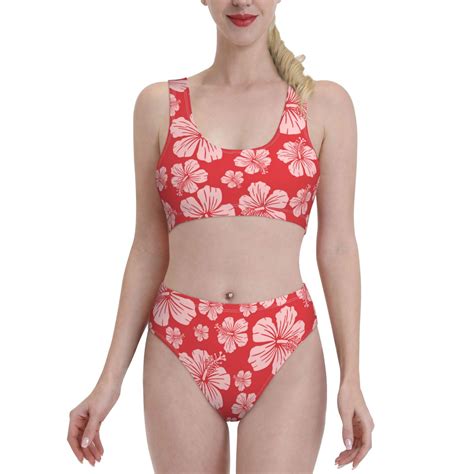 Haiem Red Hibiscus Flower Women S High Waisted Bikini Set Two Piece