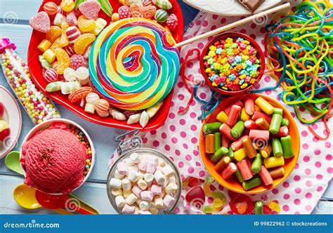 Assorted, Colourful Kids Party Sweets and Candy Stock Photo - Image of overhead, high: 99822962