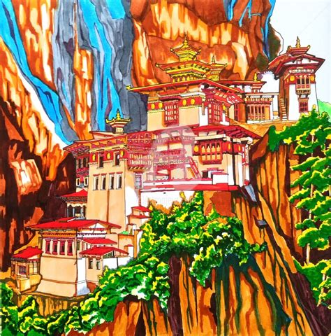 Tigers Nest Monastery Bhutan Drawing By Anne Dorion Artmajeur