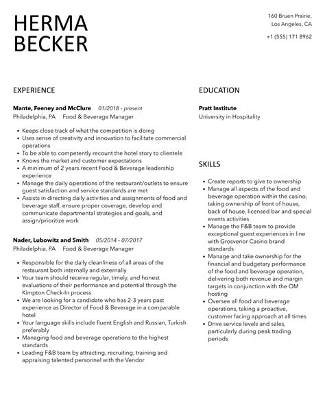 Food And Beverage Manager Resume Samples Velvet Jobs