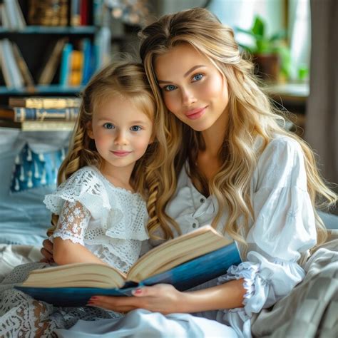 Premium Photo A Beautiful Blonde Mother And Her Daughter Sit Together On A Bed Engrossed In A Book