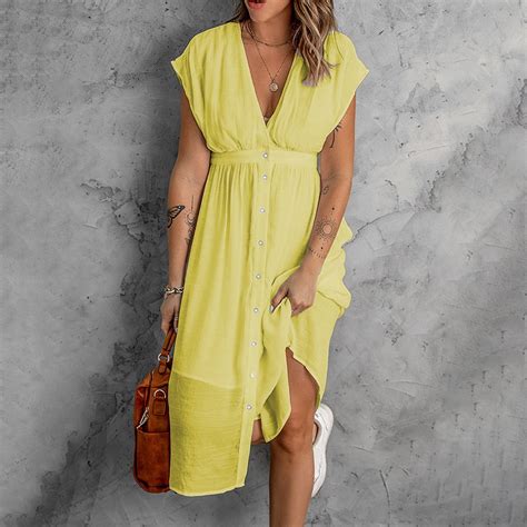 Munlar Women S Sundress Loose High Waist Button Down Yellow Midi