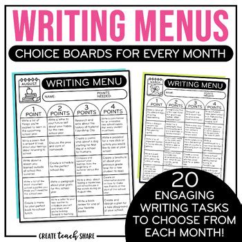 Writing Menus Monthly Writing Choice Boards Writing Prompts TPT