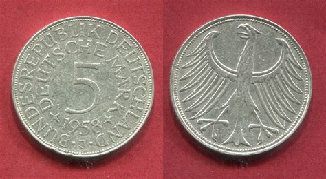 BRD Bundesrepublik Deutschland FRG Germany 5 DM Deutsche Mark 1958 J