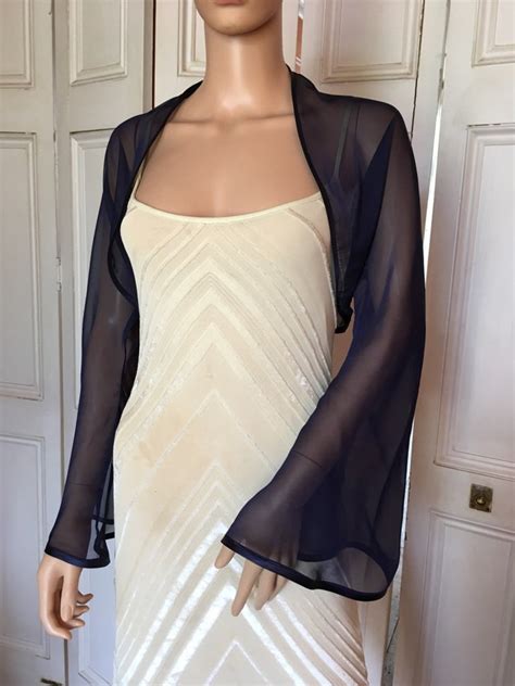 Navy Blue Chiffon Long Flared Sleeve Boleroshrugjacket With Etsy