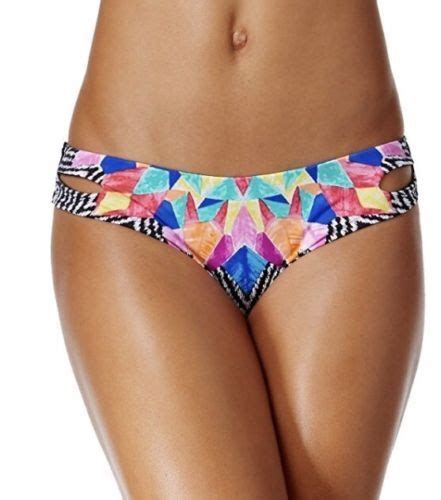 New Bar Iii Featheed Daze Reversible Black Multi Cheeky Bikini Bottom M