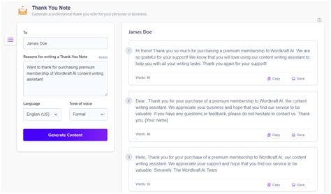 Best Free Online Thank you Note Generator - Wordkraft AI