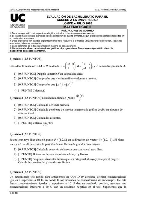 EBAU Matemáticas Cantabria Exámenes y Soluciones 2024