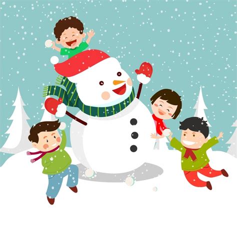 Christmas Background Design With Joyful Kids And Snowman Vectors