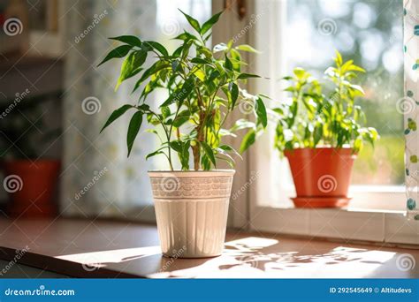 Chili Pepper Plant in a White Pot Near a Sunny Kitchen Window Stock Image - Image of natural ...