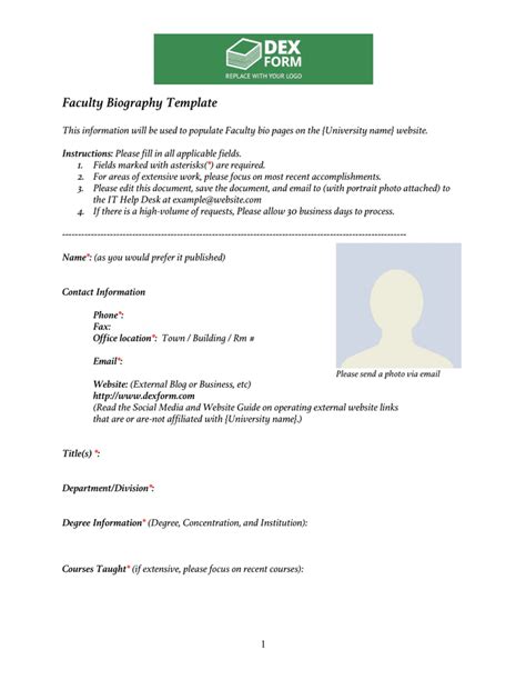 Faculty biography template in Word and Pdf formats