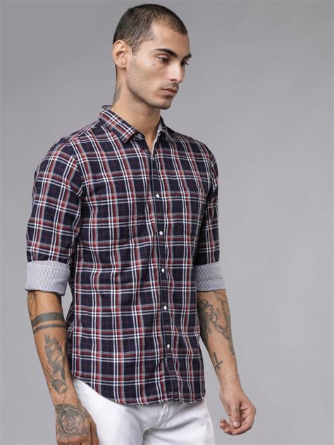 Buy Locomotive Navy Blue White Slim Fit Checked Casual Shirt For Men